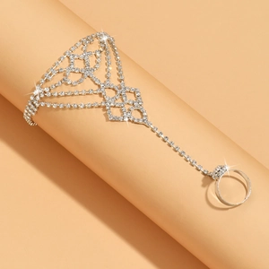 Sparkling rhinestone finger bracelet with mesh design and silver-toned ring for women