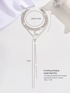 Detail view of silver multi-layer rhinestone choker with long tassel and measurement data