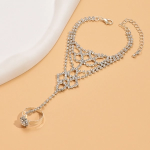 Silver rhinestone slave bracelet with ring and geometric mesh for bohemian bridal style