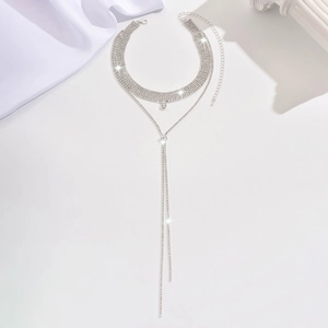 Exaggerated silver Y-shaped tassel necklace with multi-row rhinestones for women