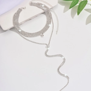 Exaggerated silver rhinestone choker and Y-shaped tassel necklace set for party wear