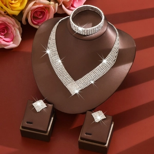 Sparkling rhinestone V-shaped necklace, bracelet and earrings set for elegant weddings