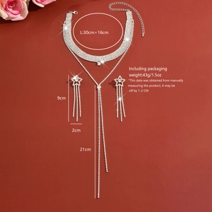 Detailed size specifications for silver rhinestone Y-necklace and star tassel earrings set