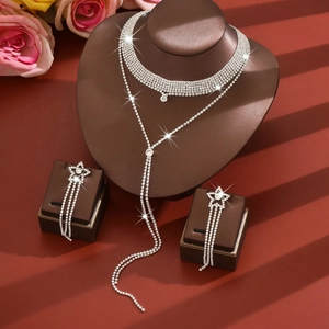 Sparkling silver multi-layer rhinestone choker and tassel necklace with star earrings set