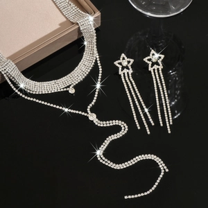 Elegant rhinestone jewelry set with multilayer fringe choker and star drop earrings