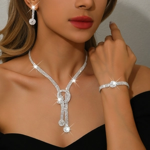 Elegant silver-toned bridal jewelry set with sparkling rhinestones for formal occasions