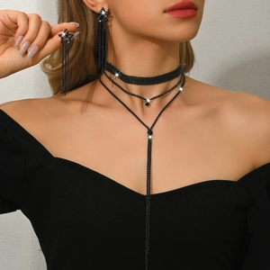 Elegant black rhinestone jewelry set with star tassel earrings and Y-shape layered choker