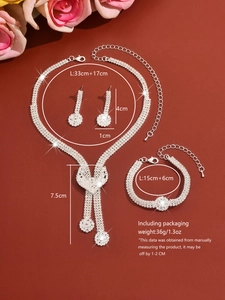 Detail view of silver crystal bridal jewelry set with dimensions for necklace and earrings