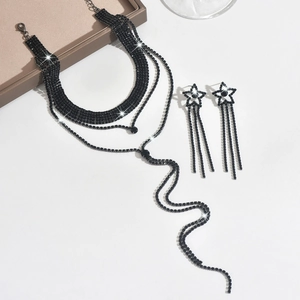 Elegant black rhinestone choker necklace and star tassel earrings jewelry set for party