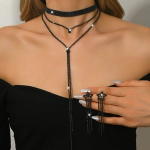 Elegant multi-layer black rhinestone choker and star fringe earring set for parties