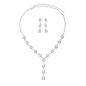 Elegant silver jewelry set with rhinestone Y-necklace and matching dangle earrings