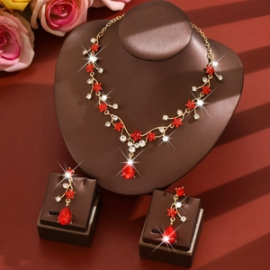 Luxurious floral zircon jewelry set with red crystal necklace and earrings for brides