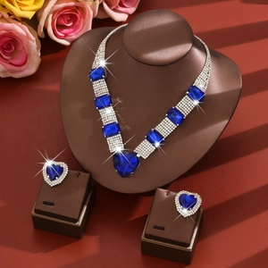Deep blue heart crystal jewelry set including necklace and earrings with silver rhinestones