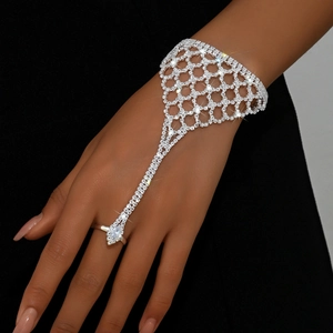 Luxurious silver tone slave bracelet with hollow zircon mesh and marquise stone detail