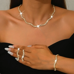 Sparkling gold rhinestone jewelry set with double-row wavy necklace and earrings