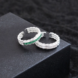 Vintage Geflochtener Kupfer Offener Ring Für Damen Versilbert Grün Weiß Zirkonia Eingelegt Verstellbarer Modeschmuck Ring