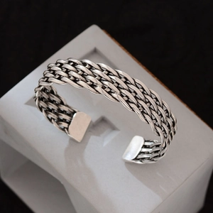 Vintage Ethnic Braided Twist Wide Cuff Bracelet For Women Silver Color Adjustable Copper Bangle Hand Jewelry Gift