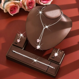 Pink heart crystal necklace, earrings and bracelet set in silver plating for women