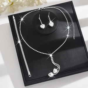 Elegant silver heart crystal necklace bracelet and earrings jewelry set in display box