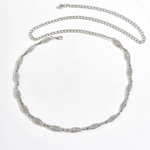 Elegant silver thin waist chain featuring oval geometric charms with sparkling rhinestones