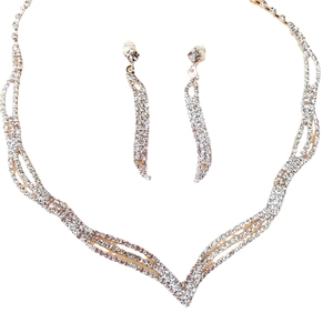 Set gioielli da sposa elegante con collana e orecchini in strass argentati a forma di V