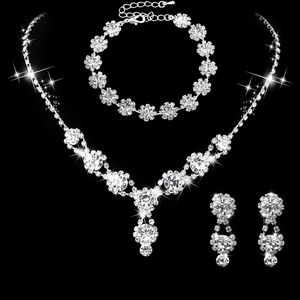Elegant silver bridal jewelry set with sparkling rhinestones necklace bracelet and earrings