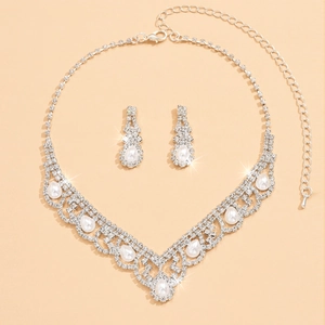 Set gioielli sposa in argento con strass di cristallo e perle a forma di goccia