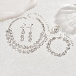 Detailed view of silver-tone 4pcs bridal jewelry set with double sun flower zircon design