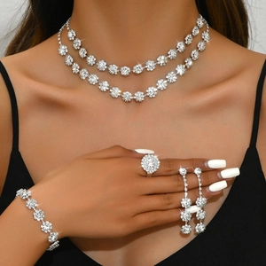 Luxurious double-layer sunflower rhinestone necklace earrings and bracelet jewelry set