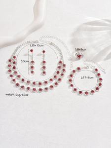 Detailed view of red rhinestone bridal jewelry set with necklace and earring dimensions