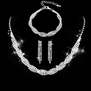 Detailed close-up of bridal rhinestone jewelry set with necklace and drop earrings