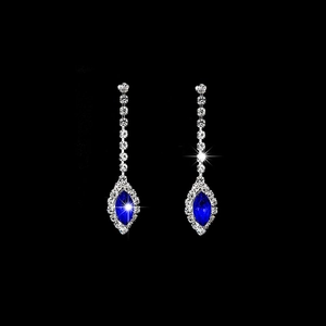 Detail of silver bridal drop earrings with navy blue teardrop crystal and rhinestone trim