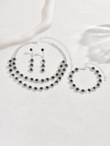 Silver set featuring double sunflower black crystal necklace bracelet and earrings