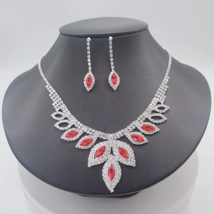 Silver bridal jewelry set with red crystal marquise gems and white rhinestones