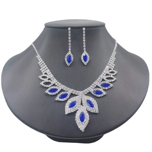 Elegant silver bridal jewelry set with navy blue marquise crystals and rhodium plating