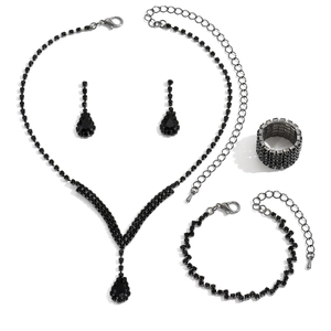 Parure de bijoux de mariée 5 pièces en cristal noir avec collier bracelet bague et boucles