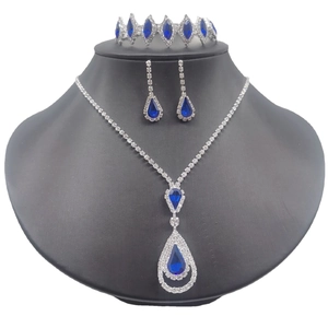 Silver Plated Alloy Rhinestone Waterdrop Jewelry Set For Women Red Blue Acrylic Necklace Earrings And Tiara Bridal Wedding Accessories