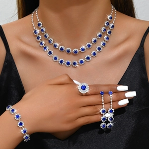 Luxurious double-layer sunflower necklace and blue gemstone jewelry set for weddings