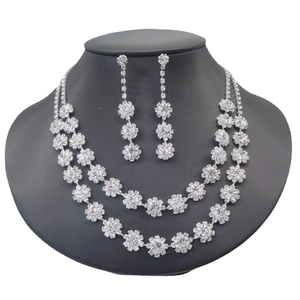 Elegant silver layered sunflower rhinestone necklace and earrings bridal jewelry set