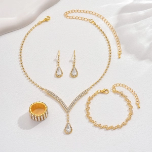 Ensemble bijoux 4 pièces doré en V avec cristaux goutte d'eau pour mariage et mariée