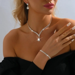 Luxurious Alloy Waterdrop Rhinestone Necklace Earrings Bracelet For Wedding Bridal Party Women Elegant Jewelry Accessories