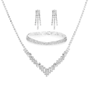 Elegant silver bridal jewelry set with sparkling rhinestones necklace, bracelet and earrings