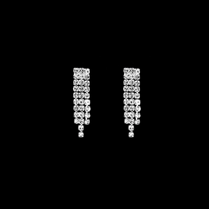 Sparkling silver fringe bridal earrings with four rows of clear rhinestones on black background
