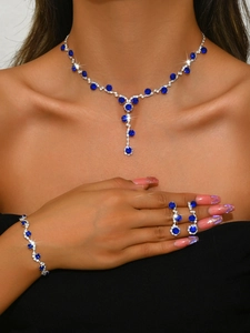 Elegant 3-piece silver jewelry set with dark blue and clear sparkling rhinestones