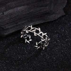 Vintage Silver Plated Copper Hexagram Star Open Ring For Women Gothic Punk Adjustable Personality Star Chain Finger Ring Jewelry
