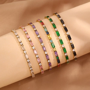 Bracelet de Tennis de Luxe en Acier Inoxydable pour Femme Plaqué Or 18K Zircon Baguette et Rond Incrusté Bijoux