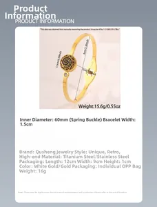Detailed view of gold stainless steel rune bracelet with spring clasp and 60mm diameter