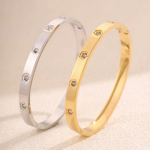 Bracciali rigidi in acciaio inossidabile oro e argento con fiori e cristalli lucidi