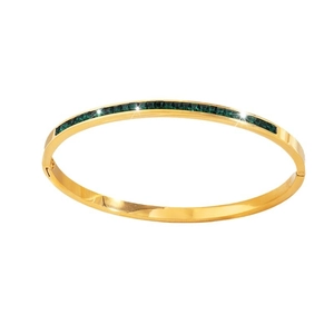 Brazalete de acero inoxidable dorado con cristales rectangulares verde esmeralda