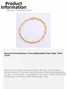 Detalle de la pulsera de cadena de acero inoxidable dorado de 21 cm con especificaciones
